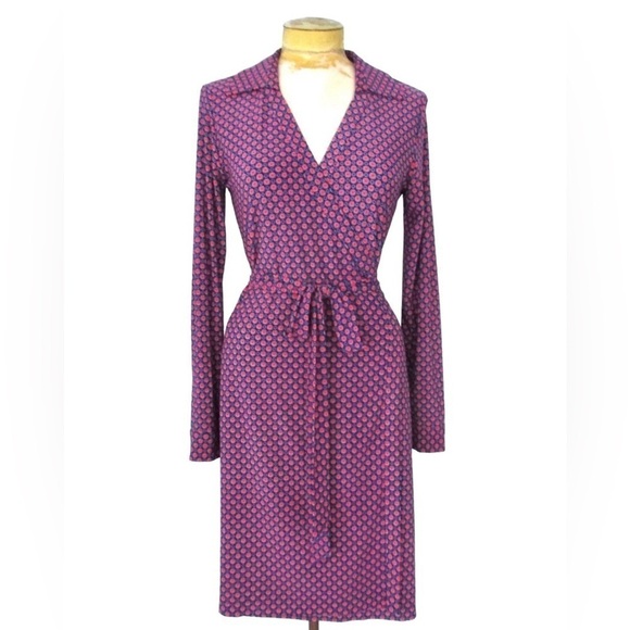 Tommy Hilfiger Red Blue 2 Geometric Dots True Wrap Dress Collared Retro Preppy - Picture 1 of 13